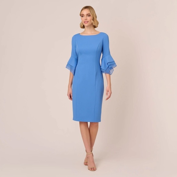 ADRIANNA PAPELL
Knit Crepe Sheath Dress Tiered Three Quarter Sleeves Cool Water - Picture 1 of 4